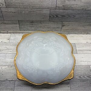VINTAGE Anchor Hocking Milk Glass Gold Trim Raised Pedestal Grape Fruit Bowl
